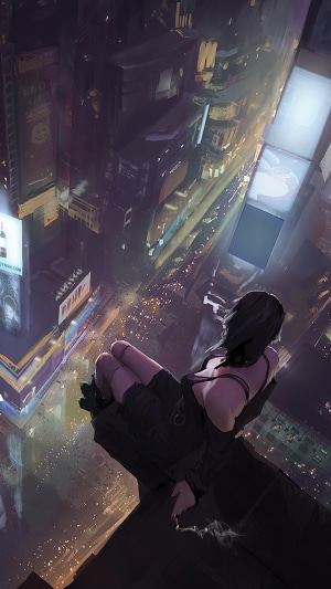 Woman on a rooftop overlooking a neon city at night