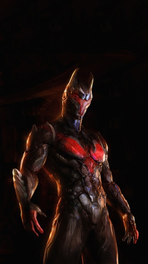 Artwork of a character in dark armor with red accents