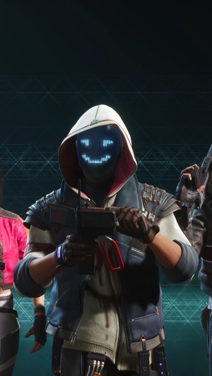 Character with smiley mask holding a gun