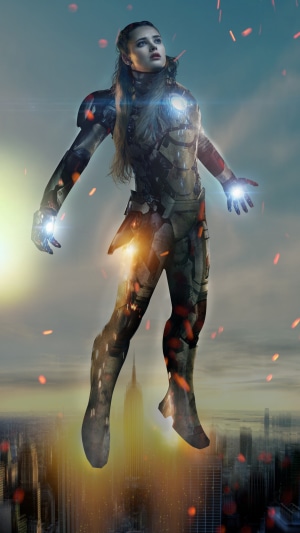 Katherine Langford as Ironheart in a city