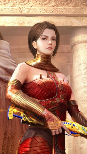 PUBG character with Egyptian-themed outfit and weapon