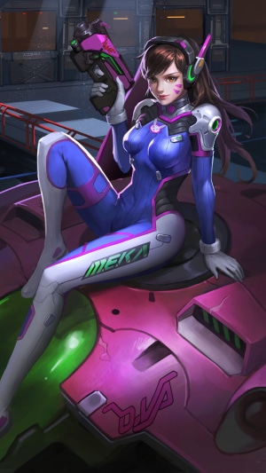 D.Va from Overwatch sitting on her MEKA