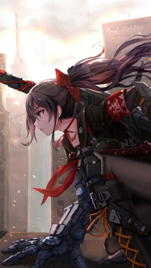Anime girl with mechanical arm and weapon