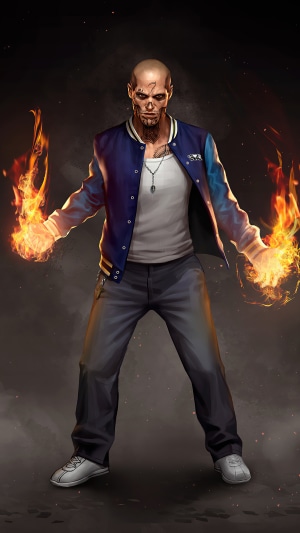 Artwork of a bald man with fire powers