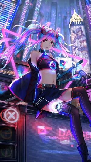 Anime girl in cyberpunk city with neon lights