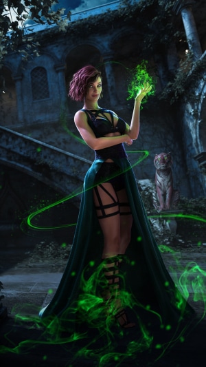 Woman casting green magic in ruins