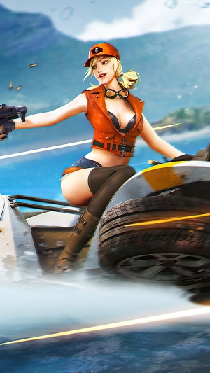 Female character from Garena Free Fire on a vehicle
