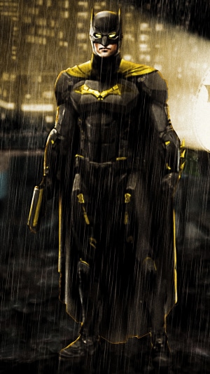 Batman in a yellow and black suit in the rain