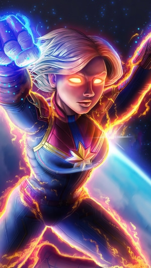 Captain Marvel artwork with glowing eyes and energy