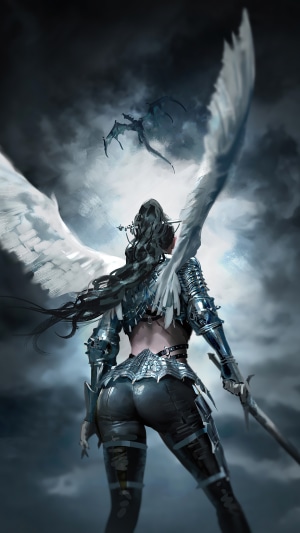 Angel warrior with sword and dragon in sky