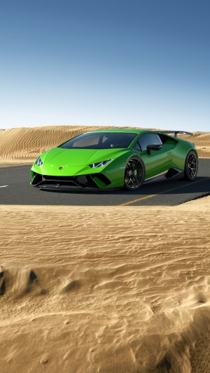 Green Lamborghini Huracan Performante in desert