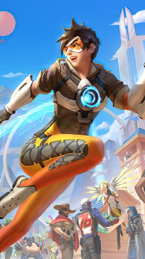 Tracer and friends from Overwatch in a town square