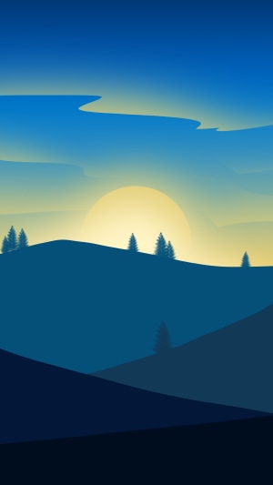 Minimalist sunrise over rolling hills with pine trees