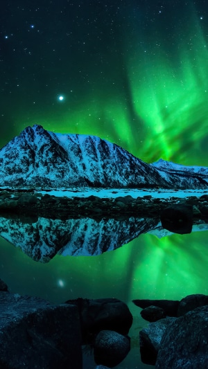 Aurora Borealis over snow-capped mountains reflected in water