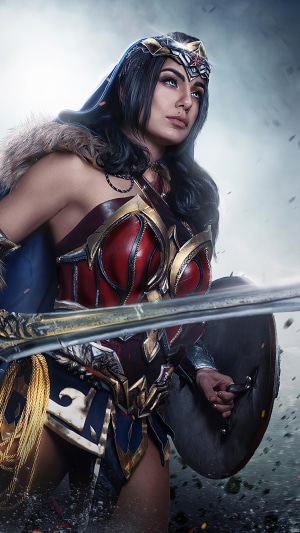 Wonder Woman cosplay with sword and shield