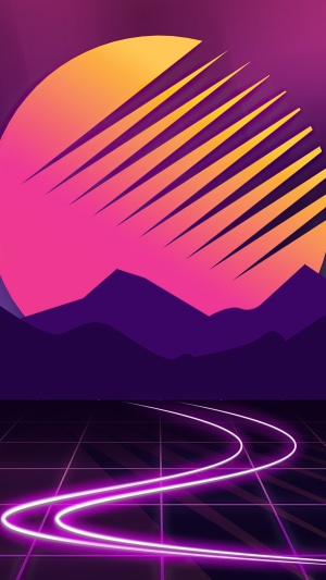 Retrowave digital art with neon grid and mountains