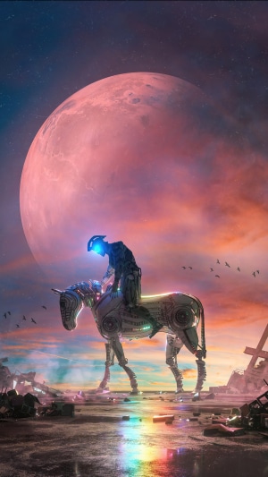 Cyborg riding a mechanical horse on a desolate planet
