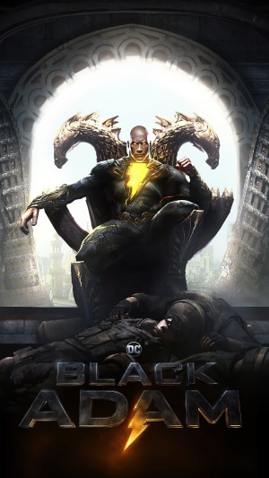 Black Adam sitting on a throne over defeated soldiers