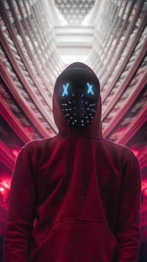 Person in a red hoodie wearing a mask with blue X eyes