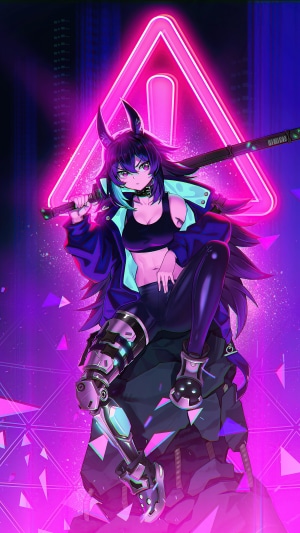 Cyberpunk anime girl with bat and neon sign