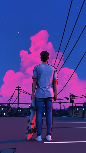 Artwork of a person with a skateboard at dusk