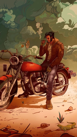 Wolverine on a motorcycle smoking a cigar