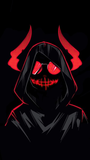 Dark hooded figure with red horns and sunglasses