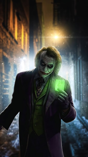 Joker holding a glowing card in an alley