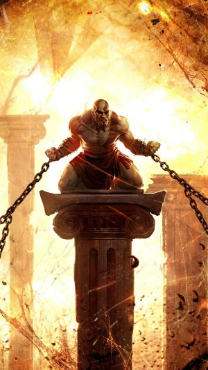 Kratos from God of War kneeling on a pillar