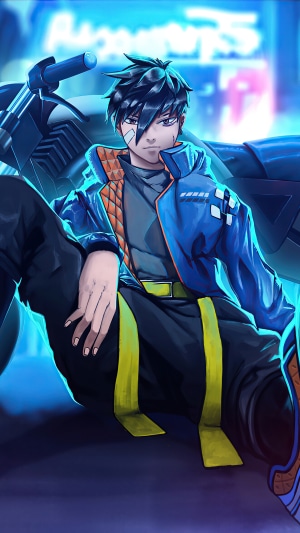 Anime man with motorcycle in neon city