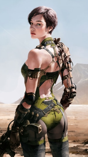 Cyberpunk woman with mechanical arm and gun