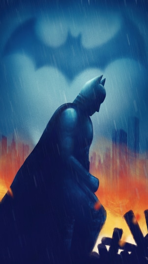 Batman in the Rain with Bat-Signal