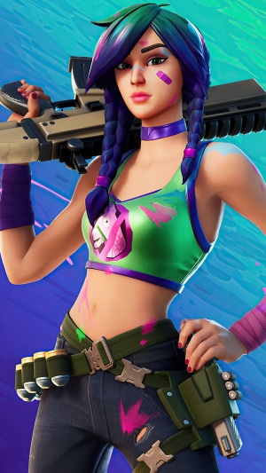 Fortnite character with braids and green tank top