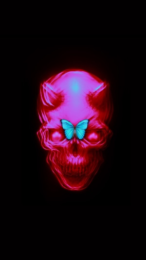Neon skull with butterfly artwork