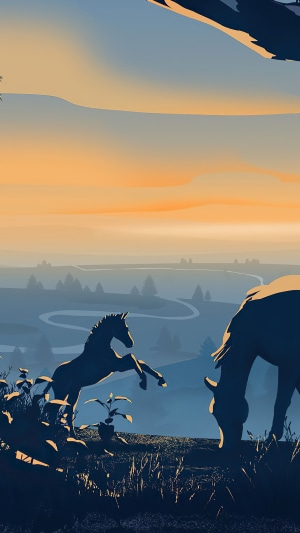 Digital art of horses in a misty landscape at sunset