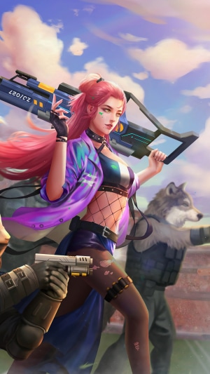 Girl with pink hair holding a futuristic gun