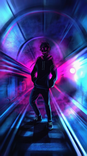 Man with a mask in a neon tunnel