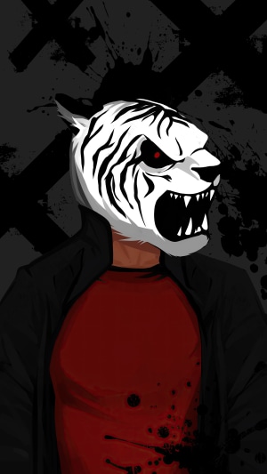 Man wearing a white tiger mask and red shirt