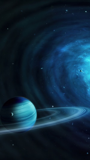 Sci-fi planet with rings in a digital universe
