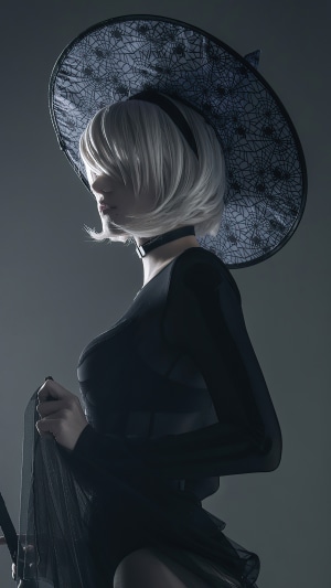 2B from Nier: Automata cosplay in witch hat