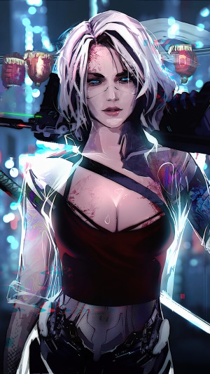 Cyberpunk warrior with sword and glowing eyes