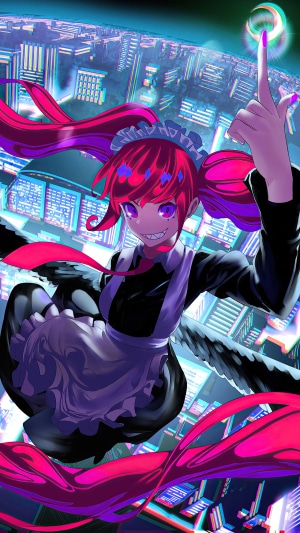 Anime girl in maid outfit with pink hair in city