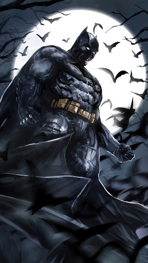 Batman in front of a full moon with bats