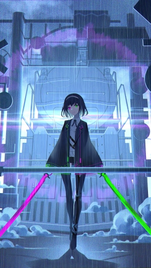 Anime girl with swords in the rain