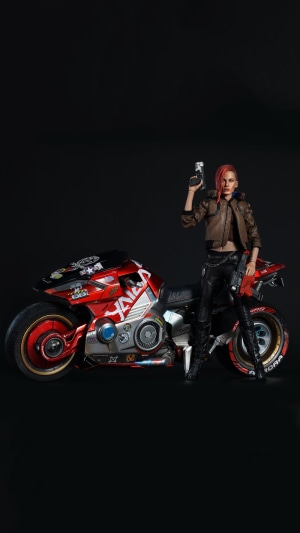Female character from Cyberpunk 2077 with a motorcycle