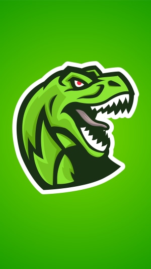 Green dinosaur head logo on a green background