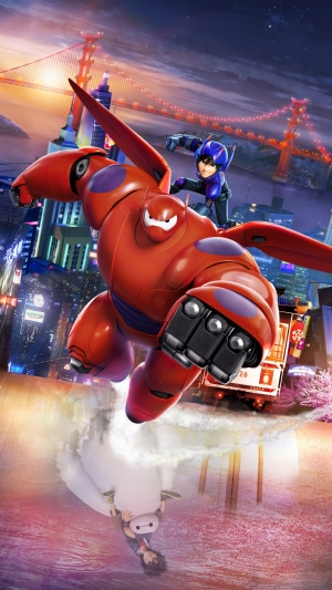 Hiro Hamada and Baymax from Big Hero 6 flying over San Fransokyo