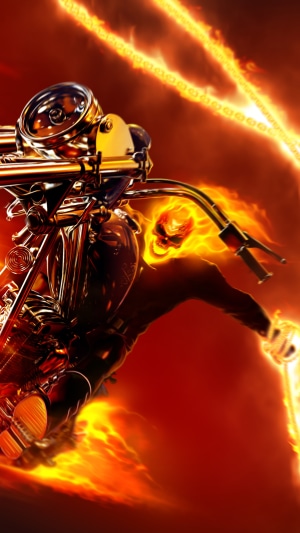 Ghost Rider on a motorcycle with flaming chains