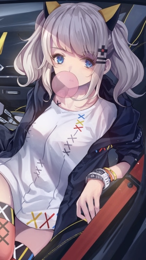 Anime girl with bubblegum in car