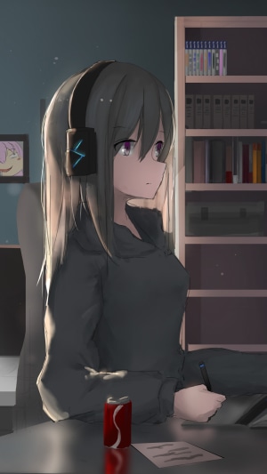 Anime girl with headphones drawing on tablet